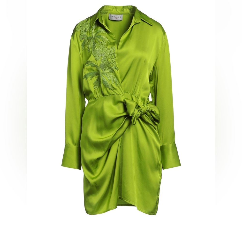 Silk Wrap Mini Dress in Lime Green by Ermano Scervino